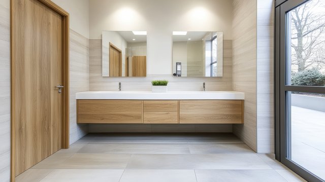 modern bathroom design features elegant wooden cabinetry, large mirrors, and soft lighting