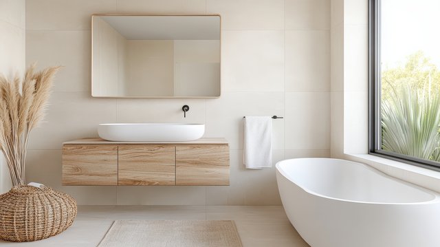 minimalist bathroom with floating vanity, modern tub, and natural decor