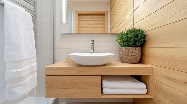minimal bathroom design with wooden accents, featuring sleek sink and hidden storage