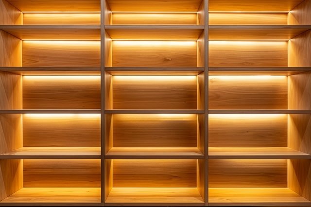 illuminated wooden bookshelf empty