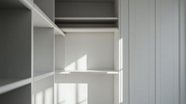 minimalist interior with open shelving and soft sunlight illuminating the room