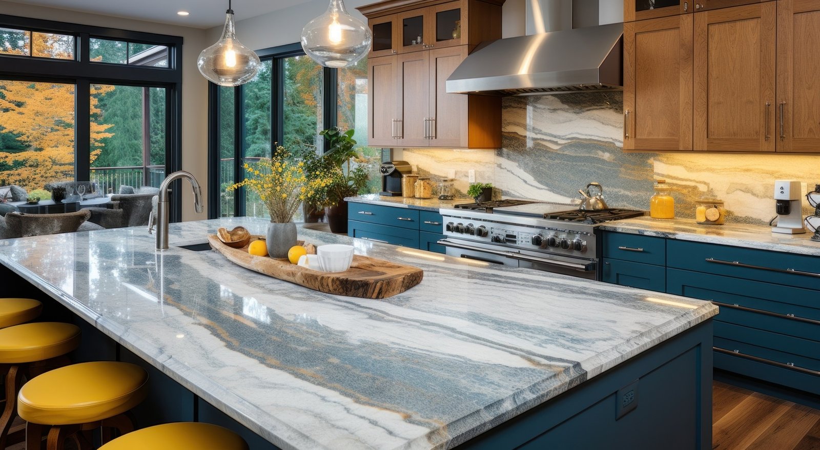 a new kitchen with wooden cabinets and marble counter top T.H. Cabinets