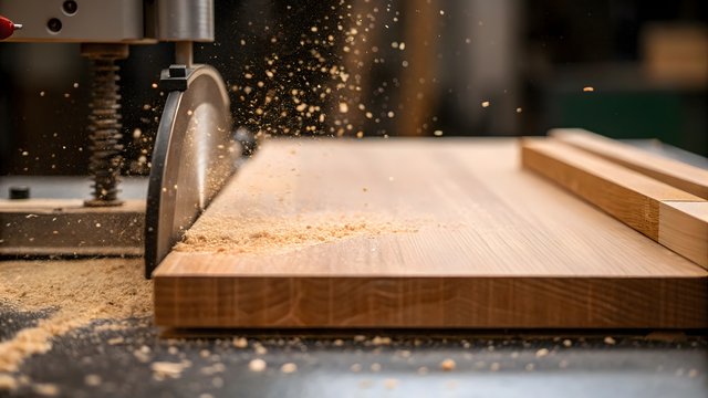 woodworking process showcasing a saw cutting through lumber in a workshop