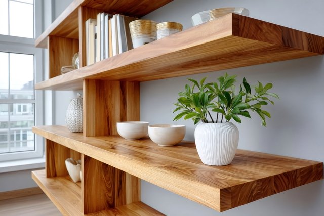 modern wooden bookshelf with plant home decor