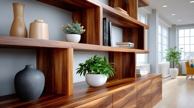 modern minimalist wooden bookshelf displaying plants books vases