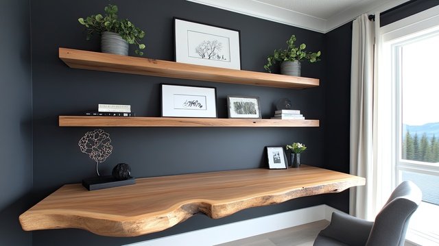 natural light illuminates a modern office featuring a wooden desk and elegant accents against dark walls, enhancing comfort and style