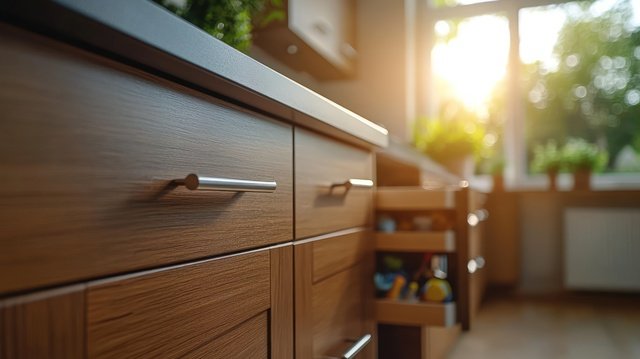 warm sunlight illuminates modern kitchen cabinets