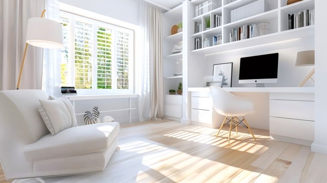 modern white home office interior with bookcase and window