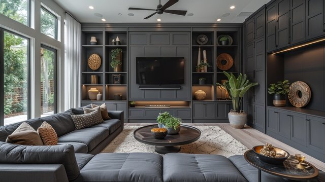 modern living room with grey sectional sofa, large tv, and built in shelves, decorated with plants and gold accents.