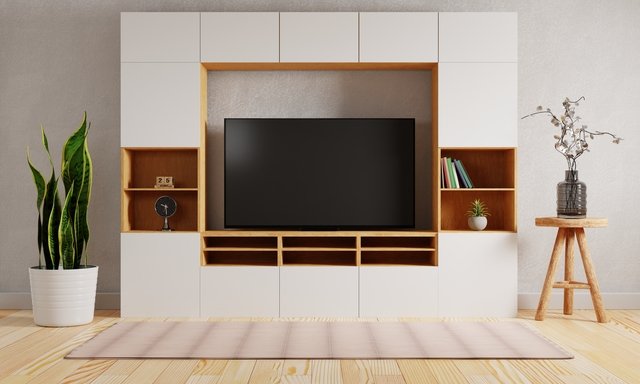 television on cupboard on the middle of modern living room background. interior and architecture concept. 3d illustration rendering