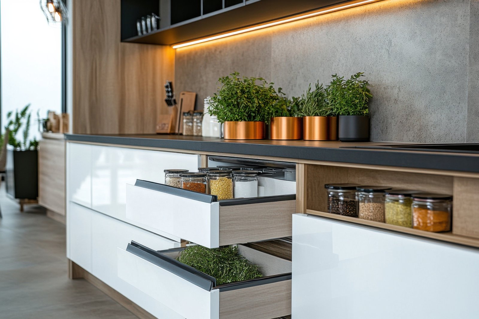 modern kitchen design featuring organized drawers with herbs and spices in a stylish setting