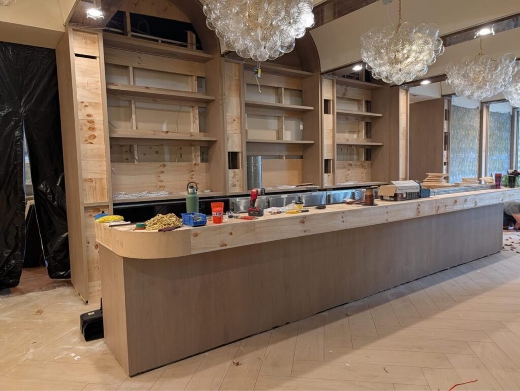 Custom bar millwork under construction by T.H. Cabinets