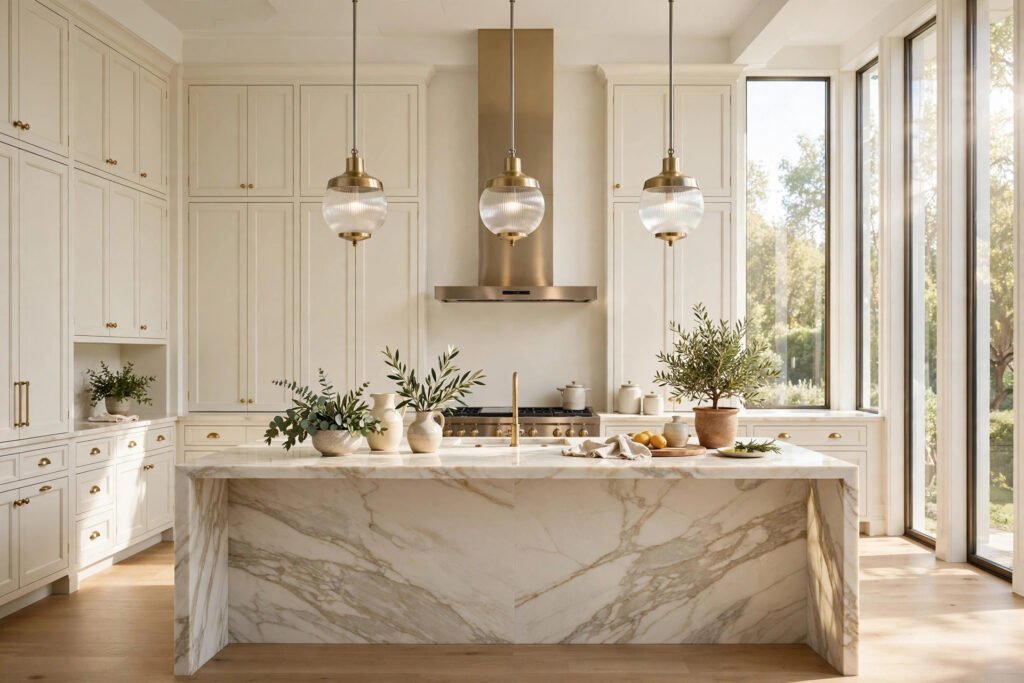 Luxury custom kitchen with ivory inset cabinetry and brass hardware — T.H. Cabinets