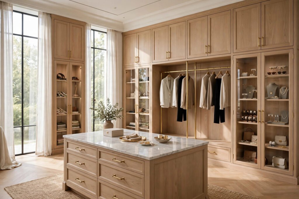 Bright dressing room with light oak built-in wardrobes by T.H. Cabinets