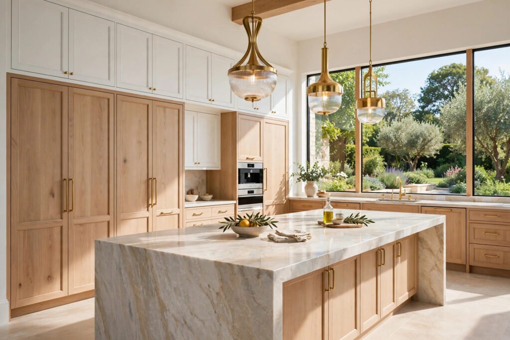 Bright two-tone custom kitchen with oak and white cabinetry — T.H. Cabinets