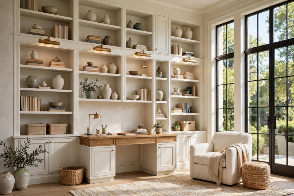 Bright luxury home office with ivory built-in cabinetry by T.H. Cabinets
