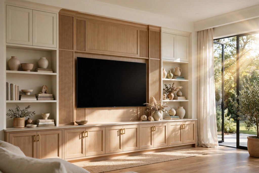 Bright living-room media wall with oak and ivory cabinetry by T.H. Cabinets