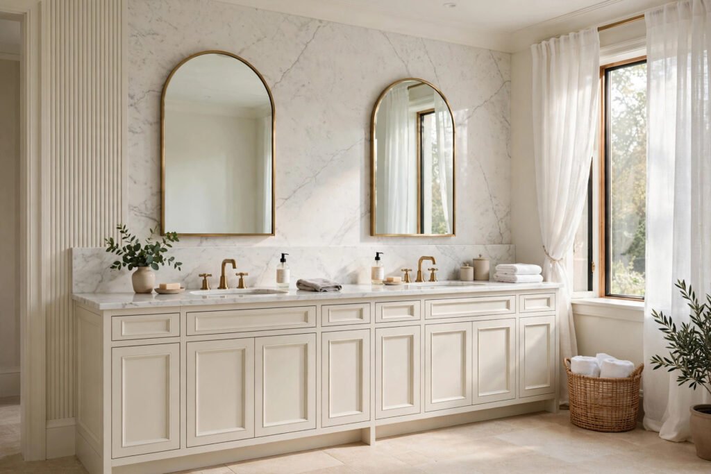Bright luxury bathroom double vanity with ivory cabinetry and brass accents by T.H. Cabinets