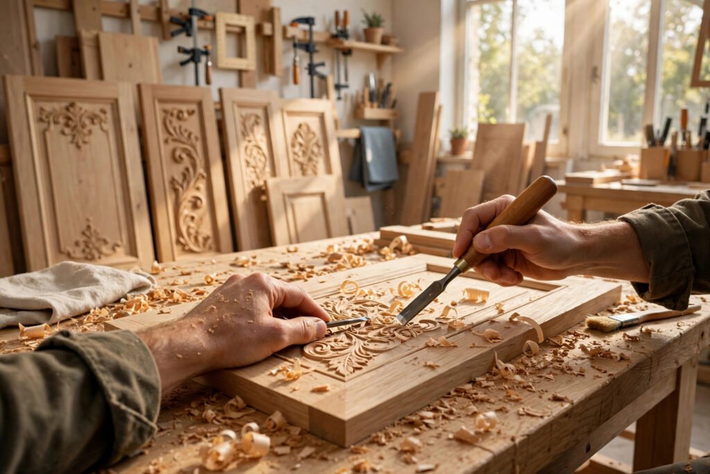 Custom woodworking by T.H. Cabinets — hand-carved wood details crafted in Barrie